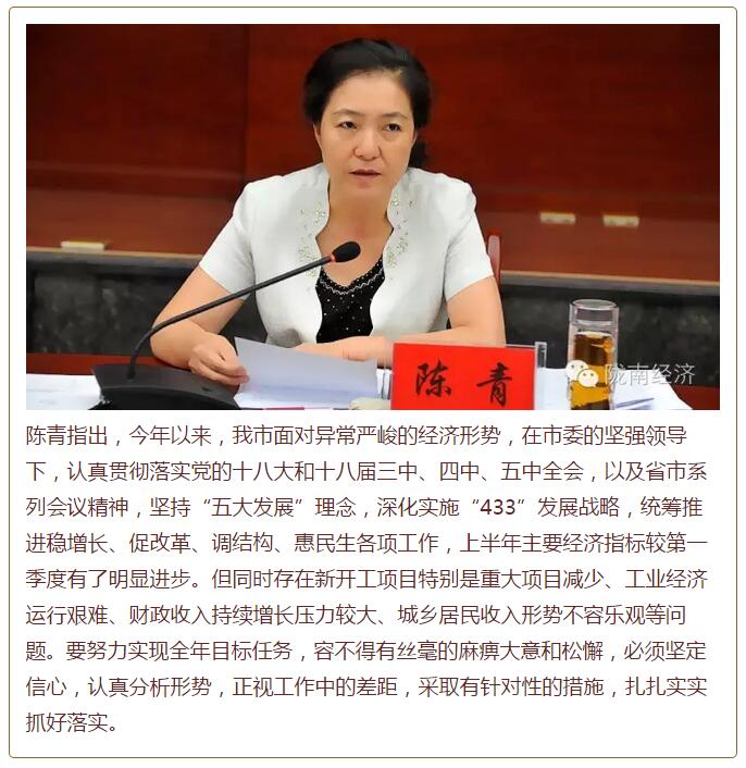 陳青在市政府全體會(huì)議上強(qiáng)調(diào)：緊盯一個(gè)目標(biāo)抓好九大任務(wù)落實(shí)強(qiáng)化三項(xiàng)保障，確保全市經(jīng)濟(jì)社會(huì)持續(xù)快速發(fā)展